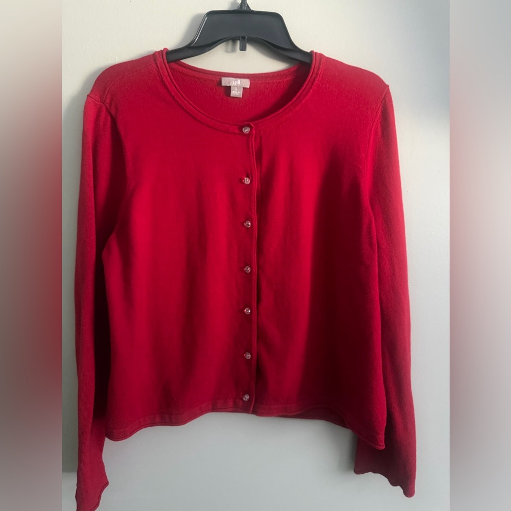 J. Jill Red Relaxed button up cardigan crystal dome buttons Knit sweater L